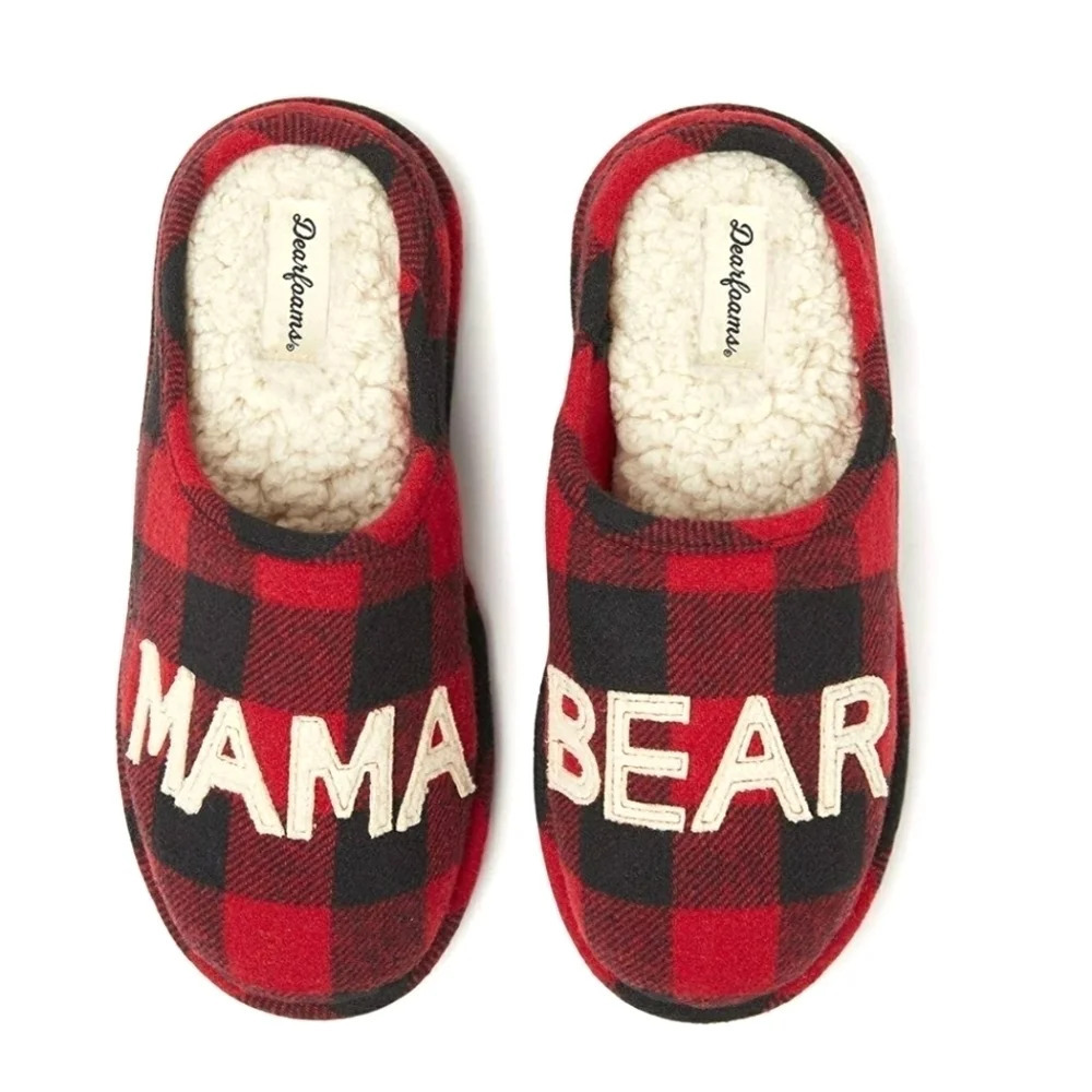 Dearfoams Black Read Plaid Fuzzy‎ Mama Bear Slippers Size 5-6 NWT